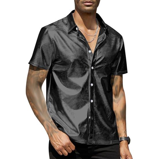 Летняя мужская рубашка с глянцевой поверхностью и отложным воротником, однобортная с короткими рукавами, свободный однотонный топ для вечеринки, ночного клуба, танцевальной уличной одежды