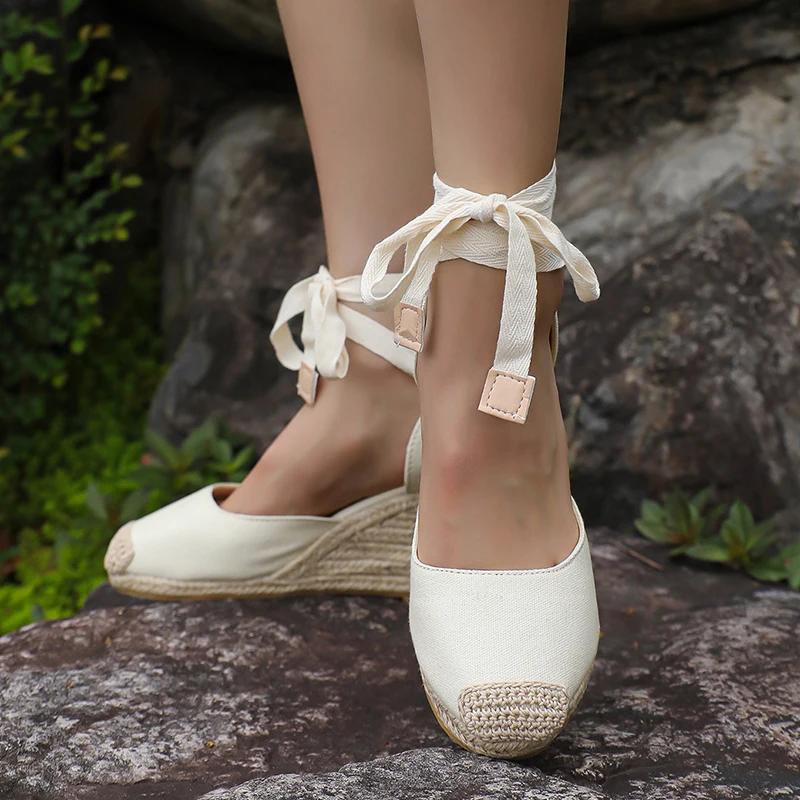 Ankle Lace Up Wedges Sandals Women Summer Closed Toe Espadrille Platform Sandles Woman High Heels Gladiator Sandalias Mujer 43