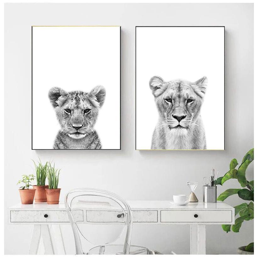 Lion Cub Print Black and White Lioness Animals Posters Safari Nursery Wall Decor Baby Animal Kids Wall Art Canvas Painting