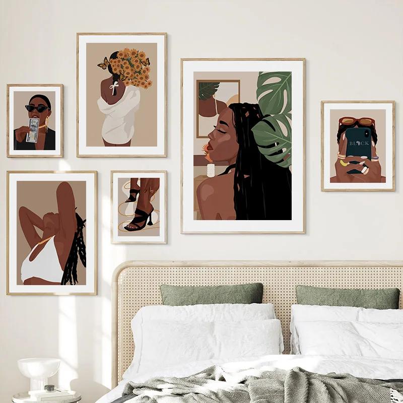 Fashion Black Woman Girl Beautiful Gold Ring Necklace Nordic Posters And Prints Canvas Painting Wall Art Living Room Home Decor