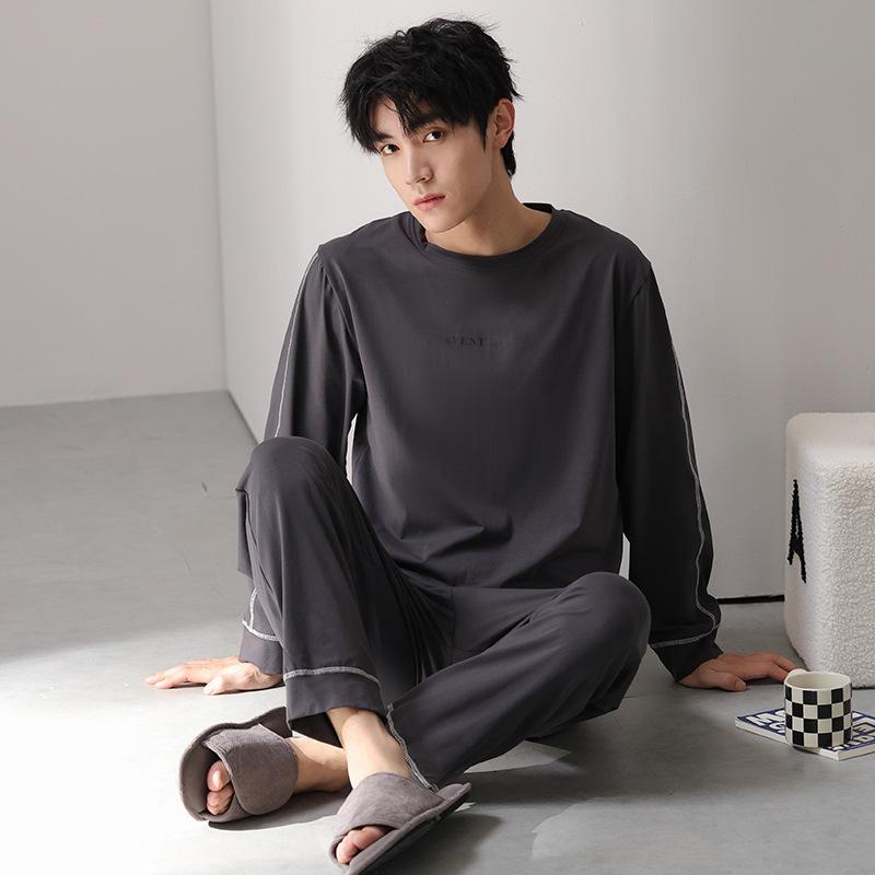 Тип Пижамный костюм из чистого хлопка на осень-зиму для мужчин с длинными рукавами из хлопка, комплект домашней одежды для мужчин, мягкая домашняя одежда для мужчин