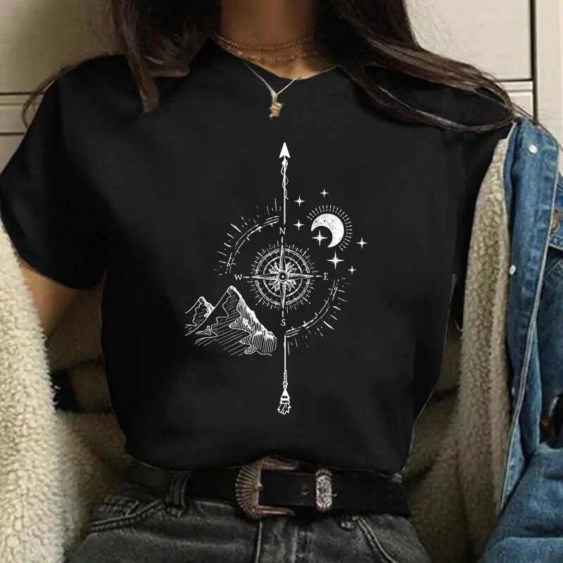 Casual Women's Round Neck T-shirt Lunar Eclipse Printed Women's T-shirt New Eclipse of the Moon Moon Style Women's White T-shirt