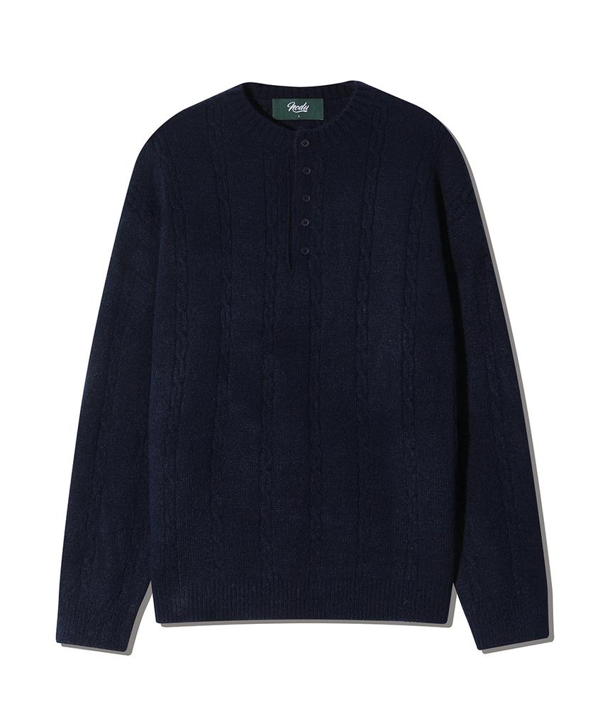 NODU Soft Henley Neck Round Long Sleeve Knit [Navy]