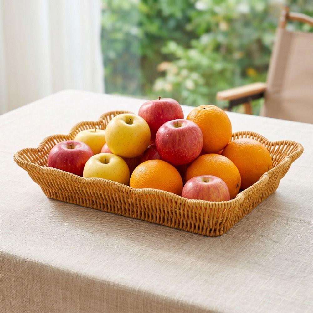 Plastic Hand Woven Storage Basket Large Capacity Fruit Plate Retro Bread Storage Tray  Picnic
