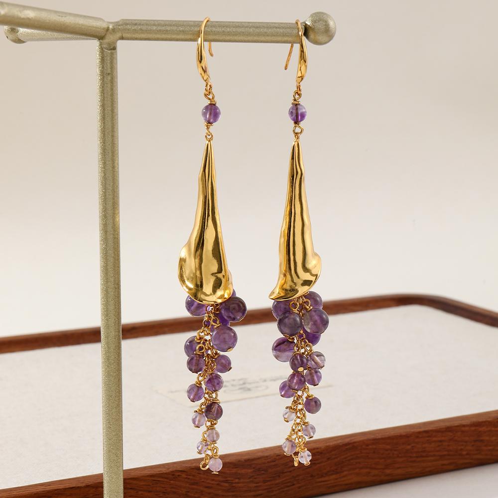 French Style Elegant Tassel Long purple Crystal Natural Pearl Earrings Luxurious and Sophisticated Retro Jewelry