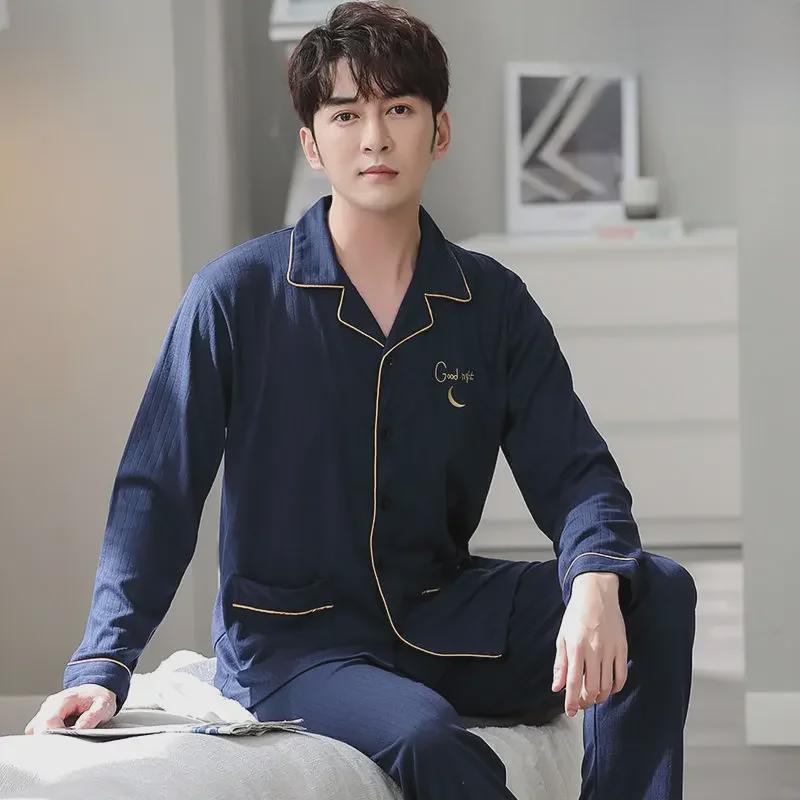 Мужская пижама-кардиган с лацканами, 100% хлопок, длинный рукав, на весну, лето и осень, размеры до 5XL