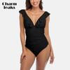 Ruffle One Piece Swimsuits for Women Solid V Neck Ruched High Cut Leg Monokini Bathing Suits Swimwear