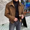 Men's Brown Faux Leather Jacket with Black Turtleneck, Casual Outfit for Stylish Look