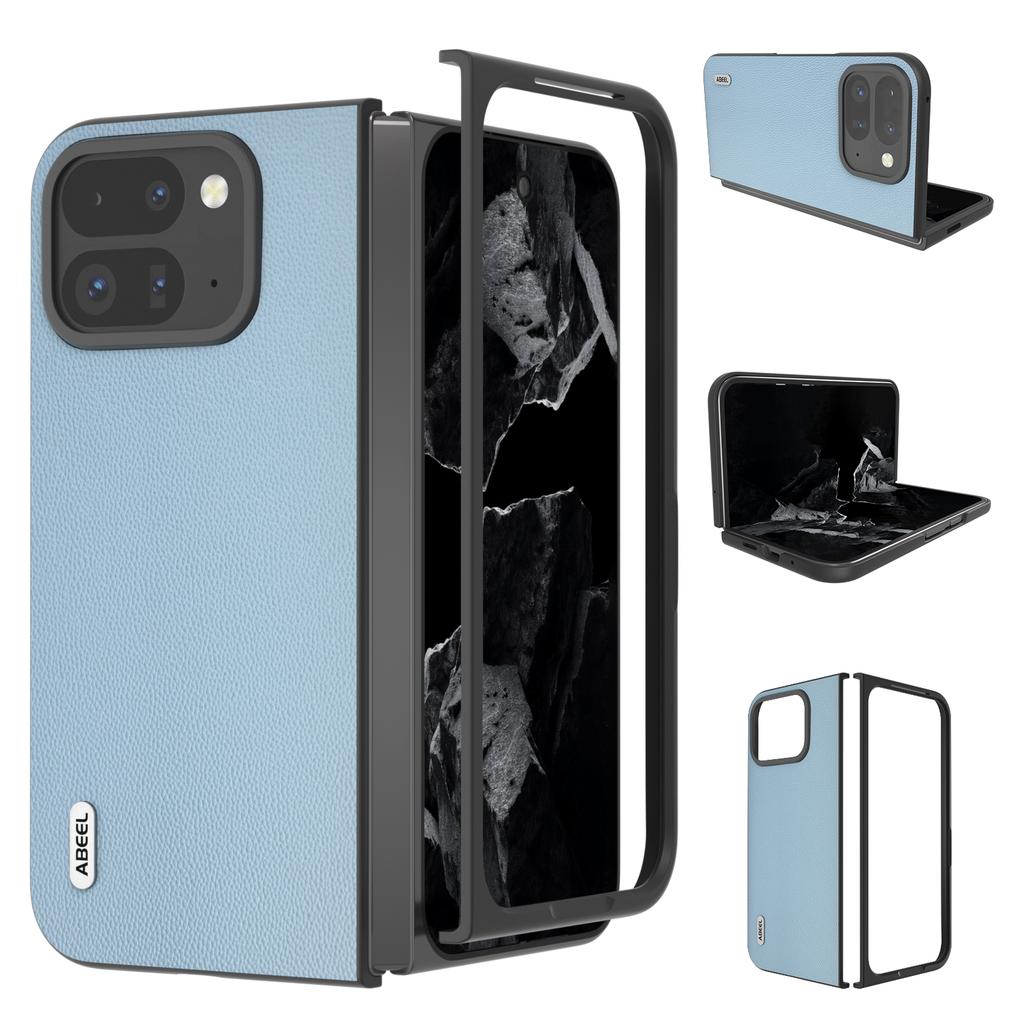 ABEEL For Google Pixel Fold 2 Case Genuine Cow Leather PC Phone Cover Black Edge