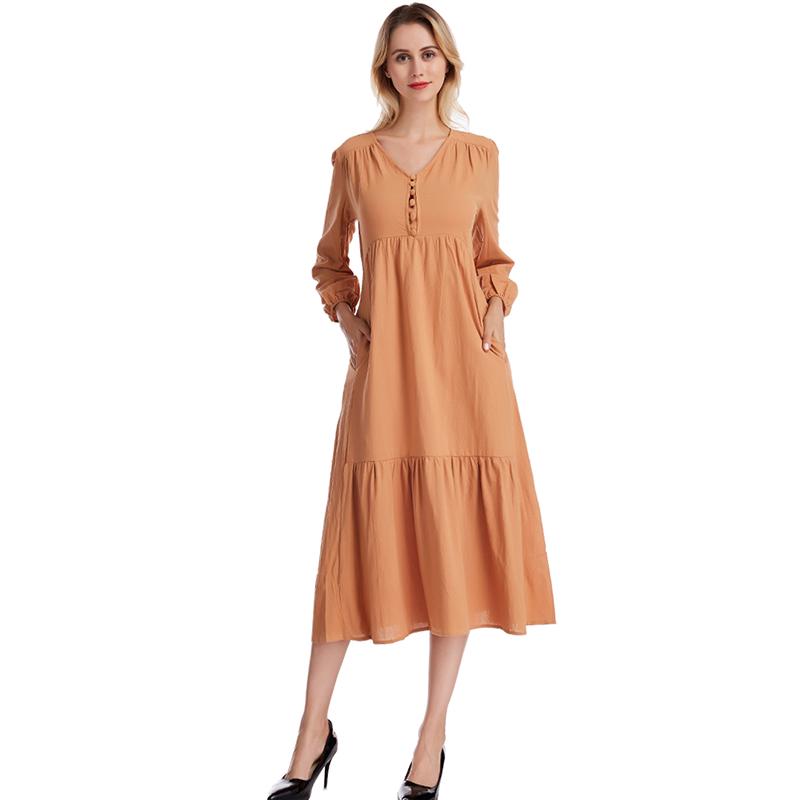 Осень и зима европейские и американские женщины из хлопка и льна в стиле ретро повседневное платье с длинными рукавами