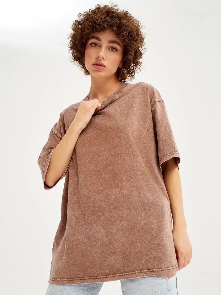 2025 Весна и лето Однотонная футболка женская стираная Do Old Batik Топы хлопковые с короткими рукавами молодежная женская одежда