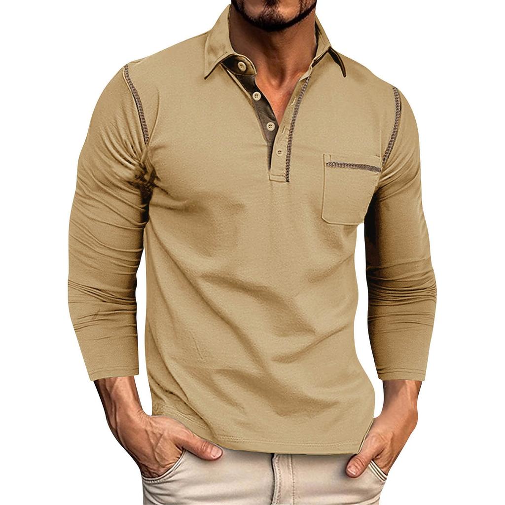 Men's Spring And Autumn Solid Color T-shirt Lapel 3 Button Open Placket Button Long Sleeved Top