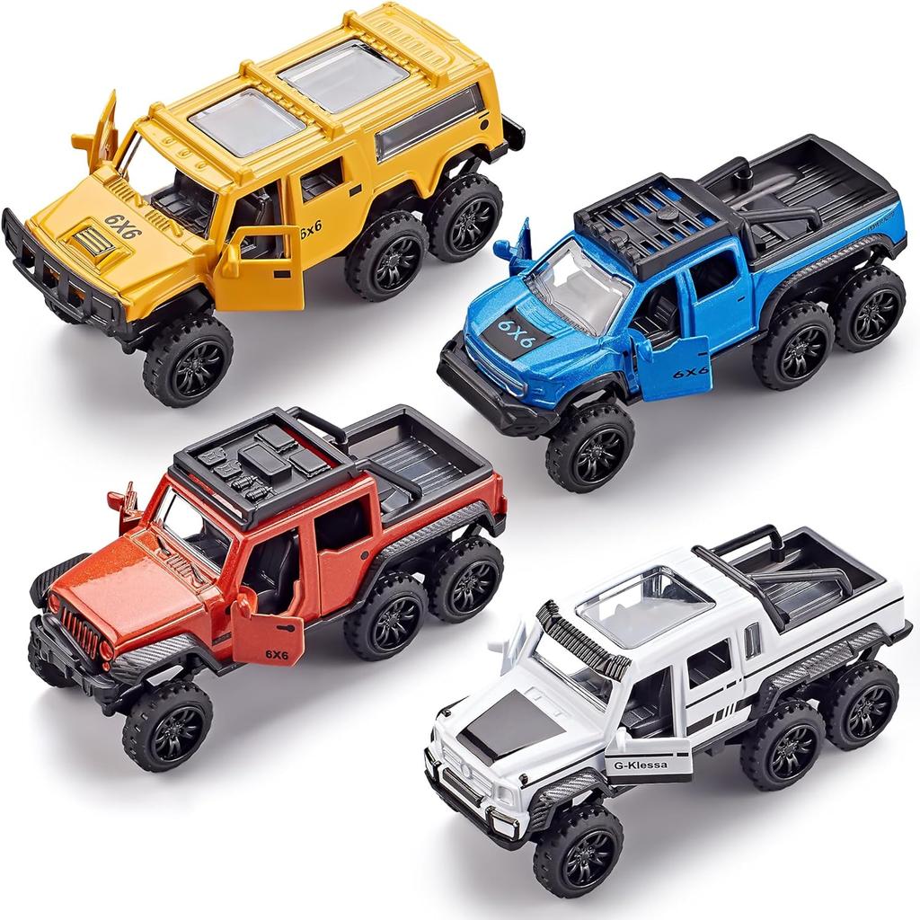 1/50 литые под давлением игрушечные грузовики 6X6, 4 шт., игрушечные машинки с откатным механизмом, открывающиеся двери, внедорожные автомобили, игрушки, подарок на день рождения для мальчиков и малышей