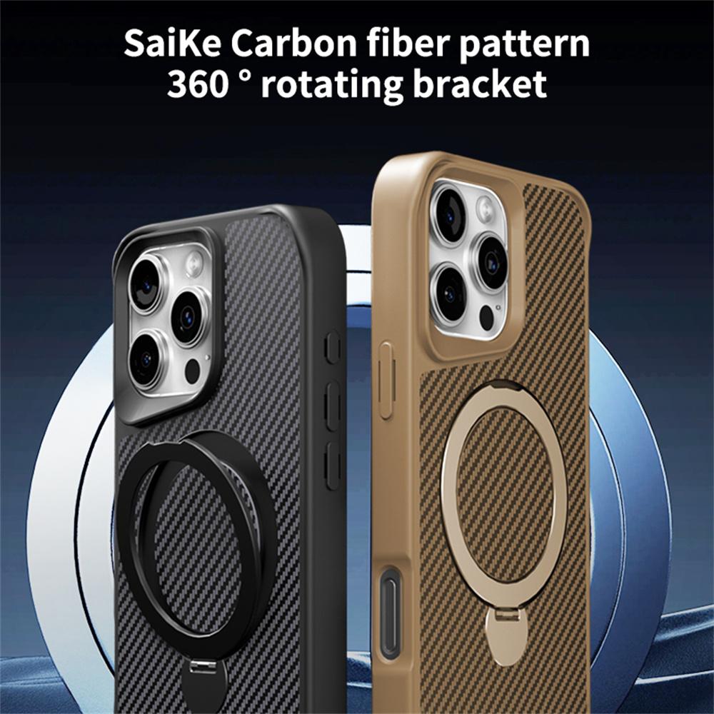 For iPhone 16 Pro Phone Case with Magnetic Kickstand TPU+PC Carbon Fiber Back Cover
