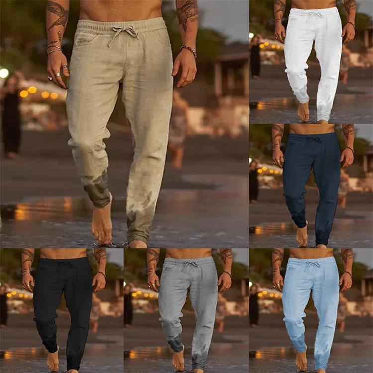 New Men's Solid Colour Drawstring Wrinkled Loose Cotton Linen Sports Leisure Beach Casual Trousers