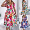 Women's Floral Dress Casual Floral Square Neck Short Sleeve Waisted Ruffle A-Line Dress Loose Dresses
