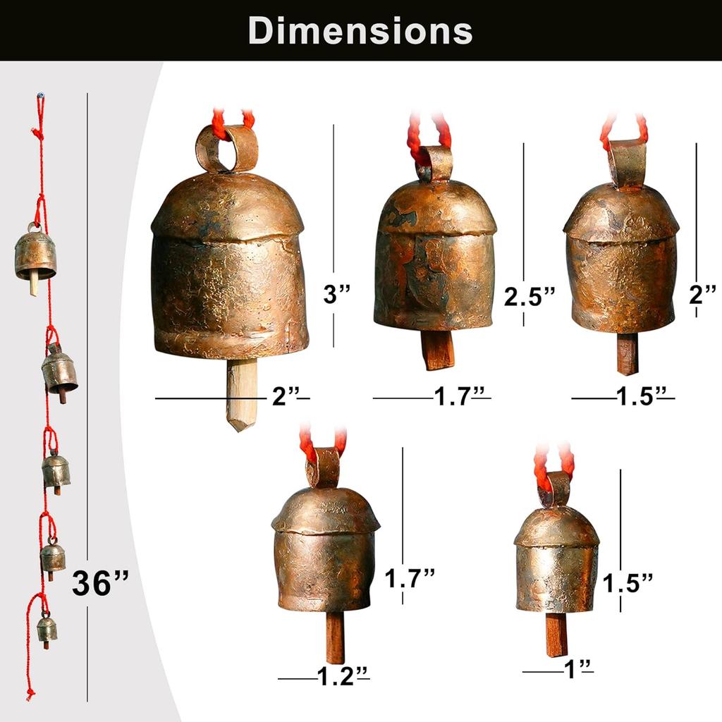 Handmade Rustic Wind Chimes for Outside with 5 Brass-Coated Metal Bells 30 Inch – Boho Outdoor Patio, Garden, Balcony & Farmhouse Decor