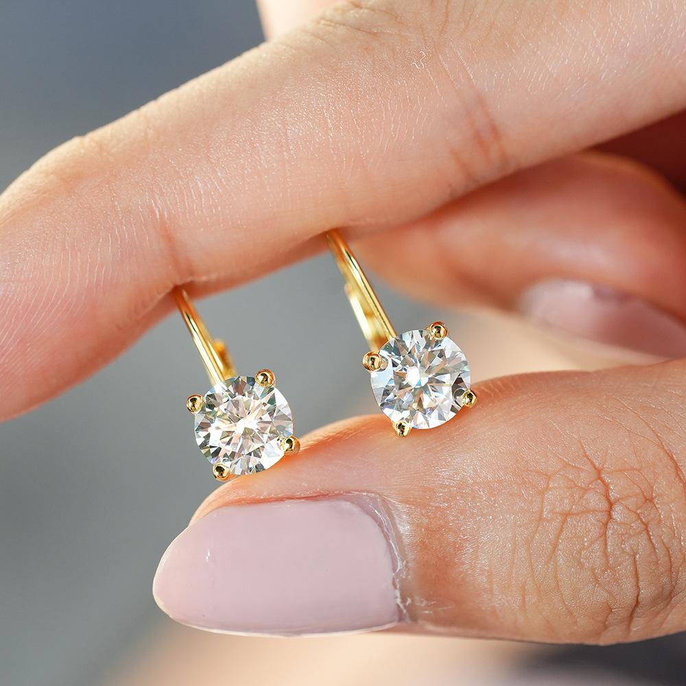 Classic 925 Silver Gold Plated 4 Prong Set Round Cut 1ct VVS GRA Moissanite Jewelry Women's French Style Back Earrings
