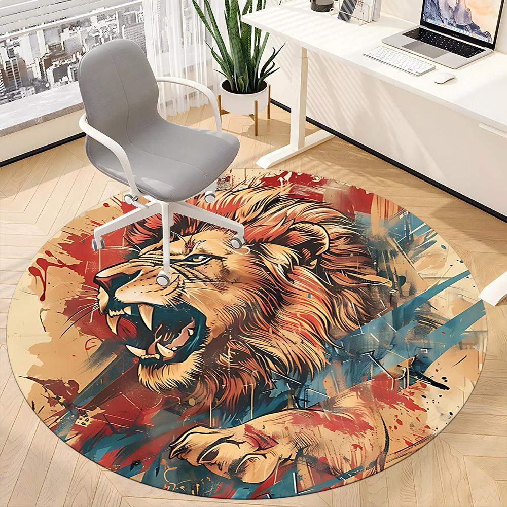 1PC Lion Roar Office Round Area Rug, Mat Suitable ForOffice, Under Office Chairs Bedroom Living Room Home Decor, Room Deco