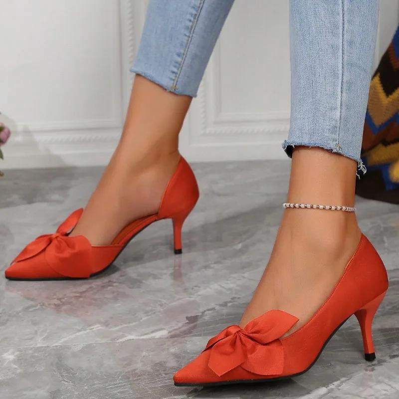Women's Shoes 2024 Fashion Slip On Women's Pumps Pointed Toe Solid Flock Butterfly-knot Shallow Mouth Mid Heeled Dress Pumps