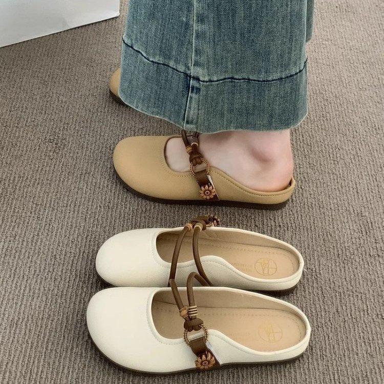 Mary Jane Bag Head Half Slippers Women's Summer Wear Versatile 2025 New Flat Bottom One Pedal Half Support Single Shoes Soft Sole