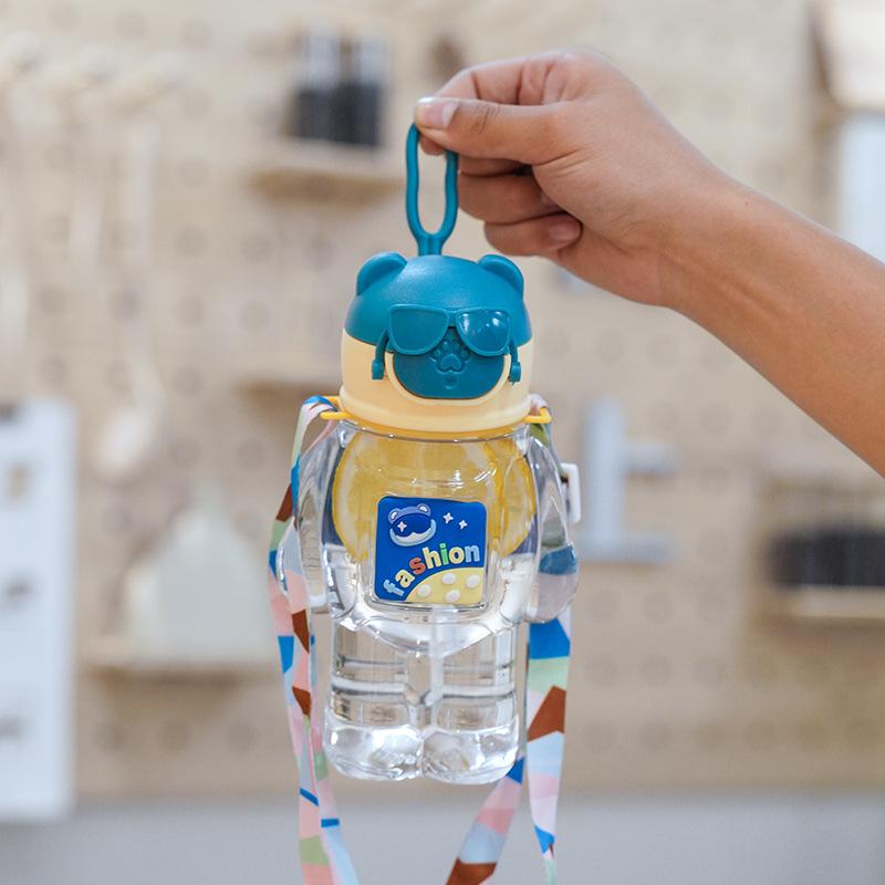 Water bottle new straw cup student children cartoon bear cup portable strap handle sticker plastic cup waterproof and drop resistant