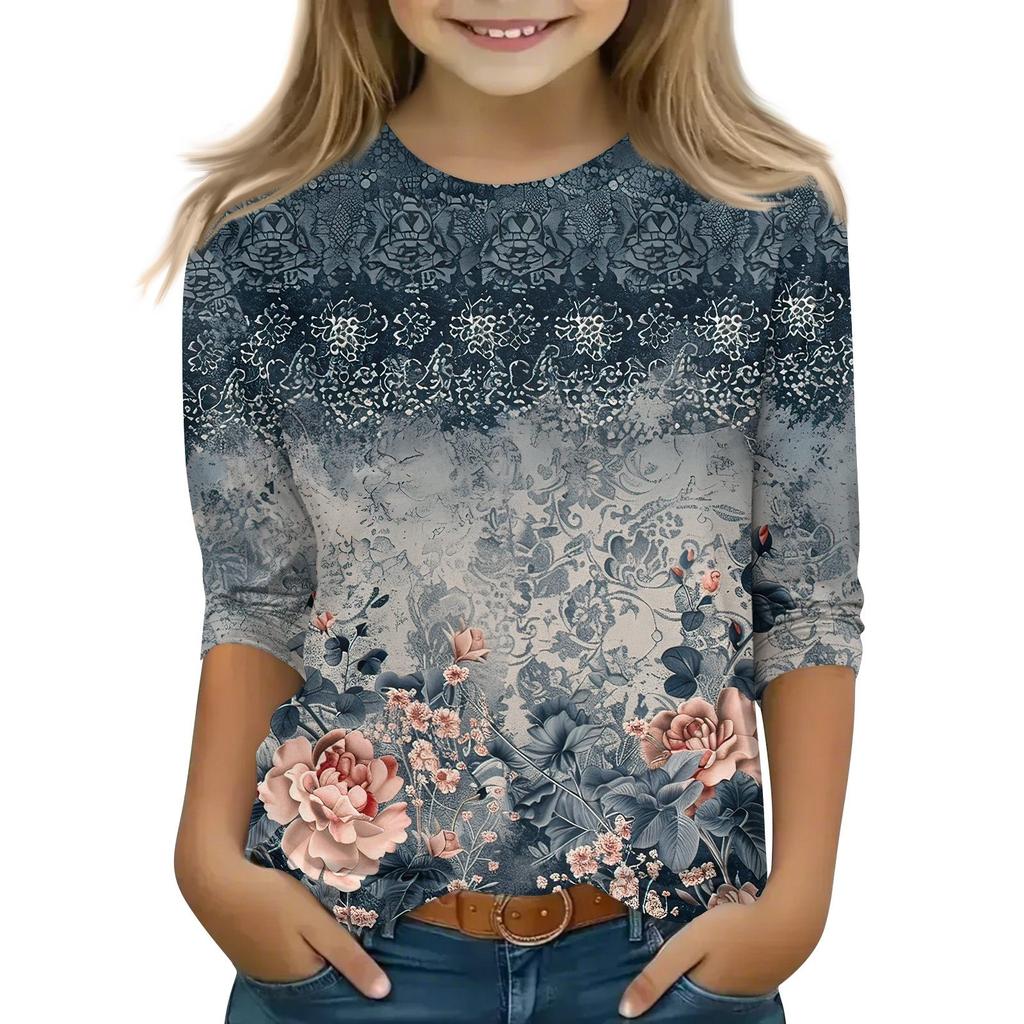 Детская футболка с рукавом 3/4, повседневная футболка с принтом, круглый вырез, блузка-пуловер