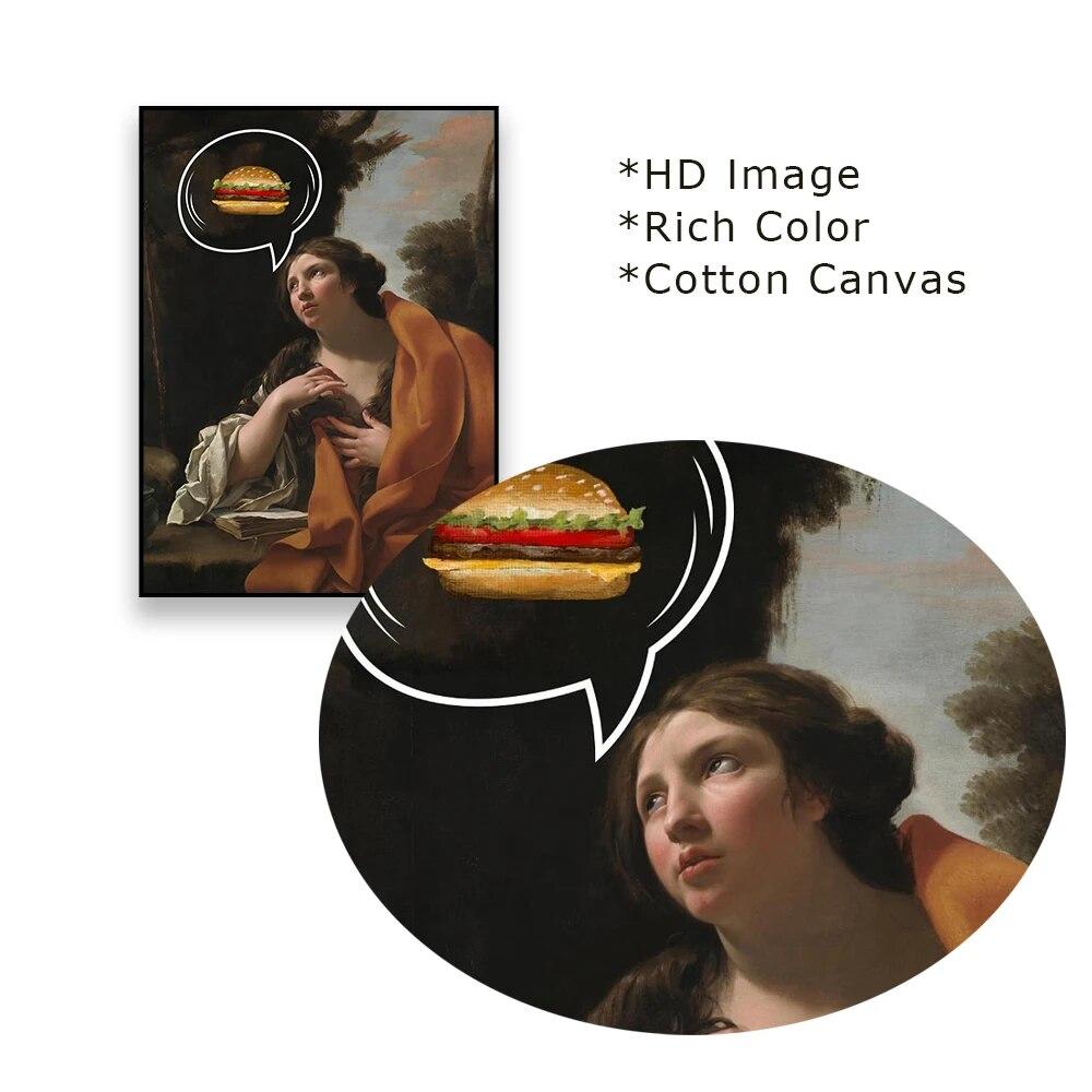 Altered Portrait Art Funny Poster Hamburger Woman Oil Painting Wall Art Prints Vintage Portrait Renaissance Canvas Painting