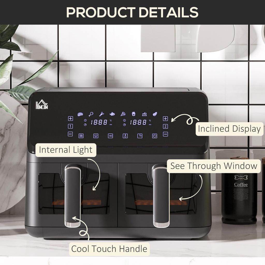 8L Dual Basket Air Fryer, 8-in-1 Air Fryer Oven with Digital Display, Visible, Timer, Preheat for Oil Free Low Fat Cooking, 2500W, Sync Finish, Sliver