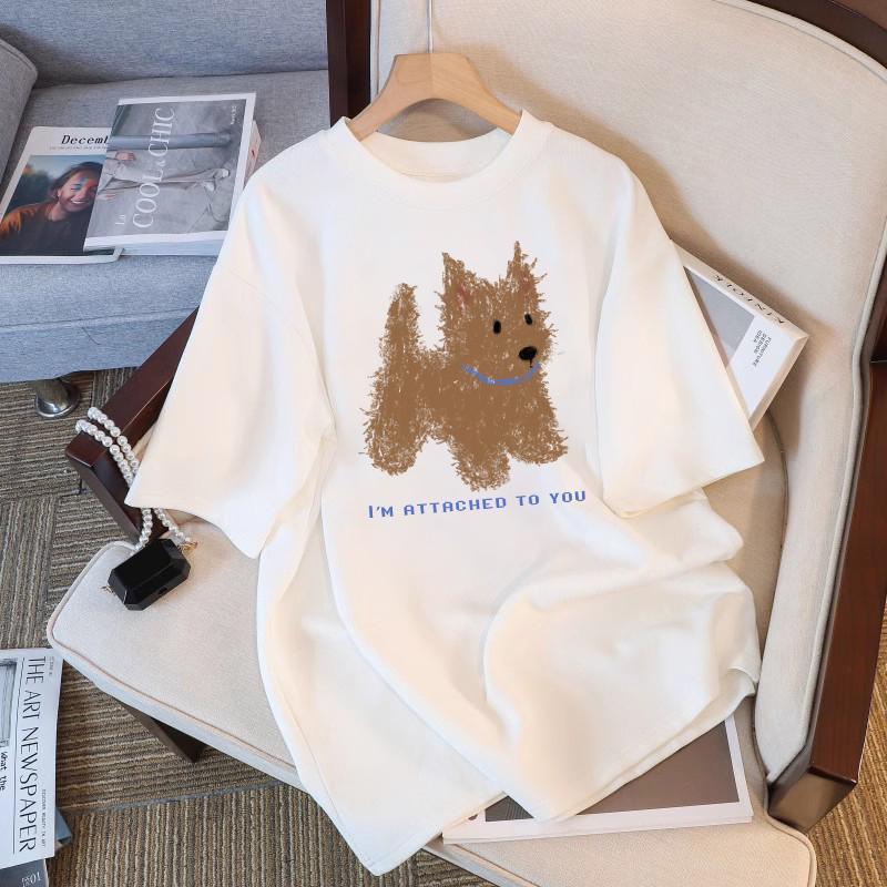 Soft Cuteness Alert  Korean -style T - Shirt Cute Fun Pattern Print Loose Short  Sleeve White Top for Women