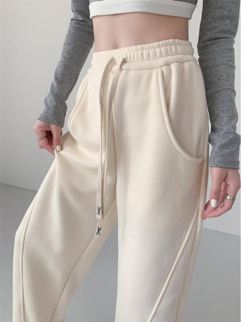 Women's 2024 Autumn/Winter Wide-Leg Banana Pants: Velvet Lined, Straight Fit, Casual and Warm.