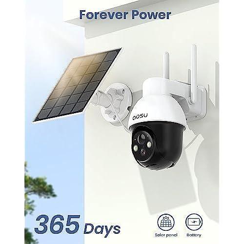 AOSU 2K Camera Surveillance WiFi Exterieure Sans Fil, Solaire, 360° Pan-Tilt, Camera Exterieur Sans Fil, Vision Nocturne, Détection