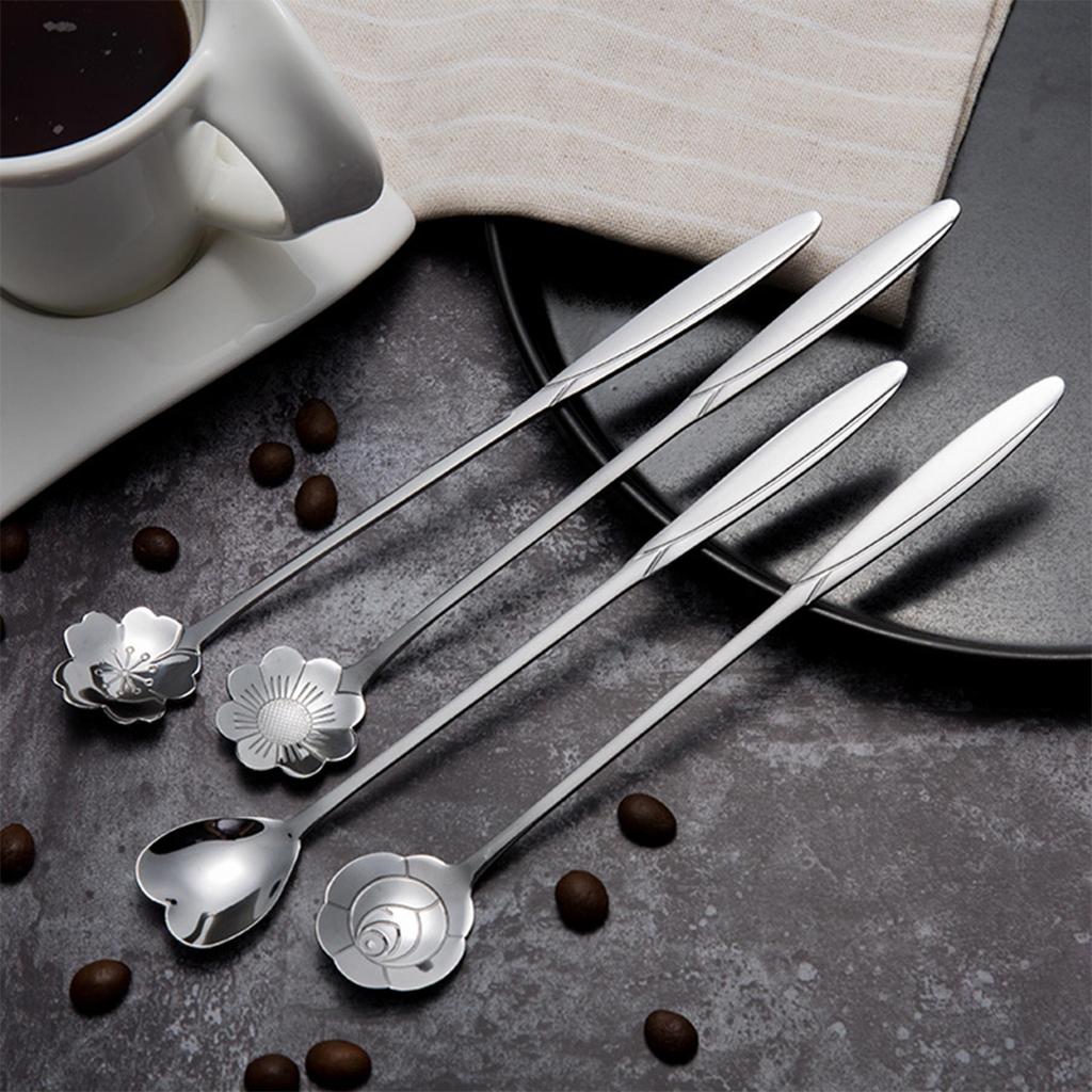 8PCS Stainless Steel Flower Spoon, Long Handle Coffee Tea Stirring Spoon, Decorative Dessert Honey Ice Cream Spoon for Home Kitchen Party Gift