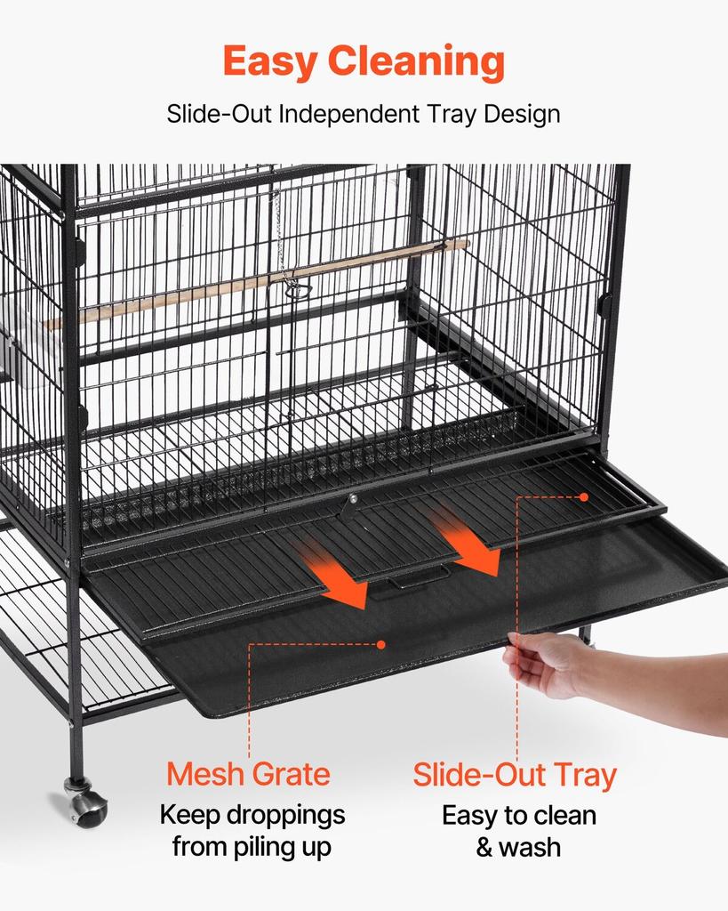 Bird Cage, 930 x 580 x 1510 mm, Flat Top, Wrought Iron Bird Flight Cage with Perches, Slide-Out Tray and Plastic Feeders, for Blue Tit, Cockatiel,