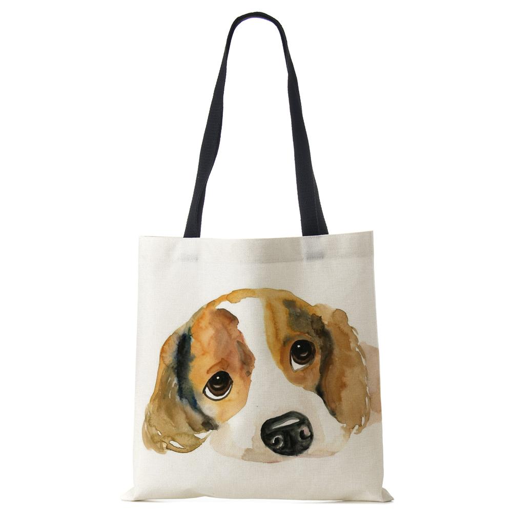 Women Handbag Linen Totes with Dog Print Casual Traveling Beach Gift Bags CLE