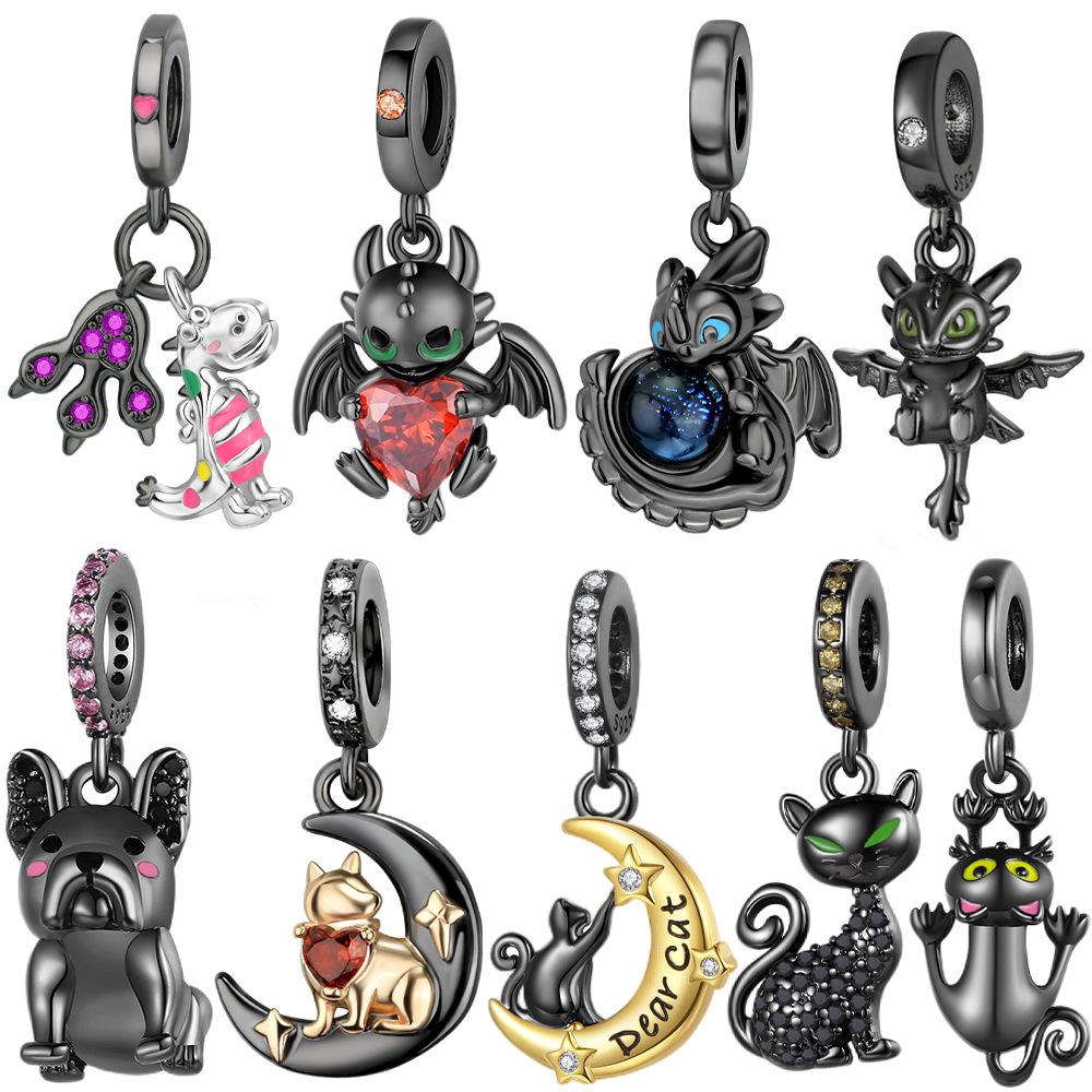 Playful Cute Black Cat Charm Bracelet DIY Bead Accessories Black Gold Baby Dragon Theme