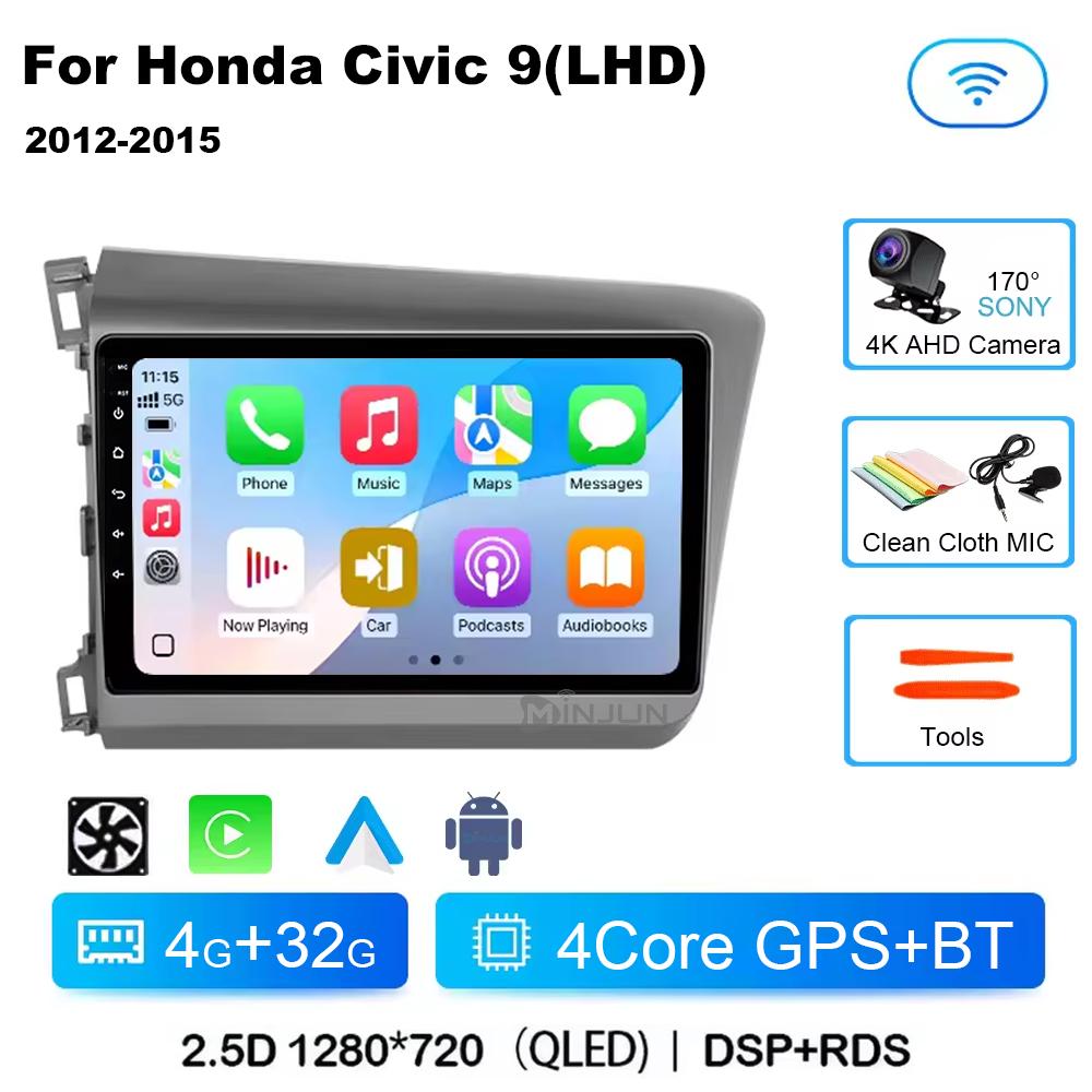 Android 14 Wireless Carplay Android Auto Car Radio для Honda Civic 2012 2013 2014 2015 Мультимедийный видеоплеер Авторадио 4G+WIFI