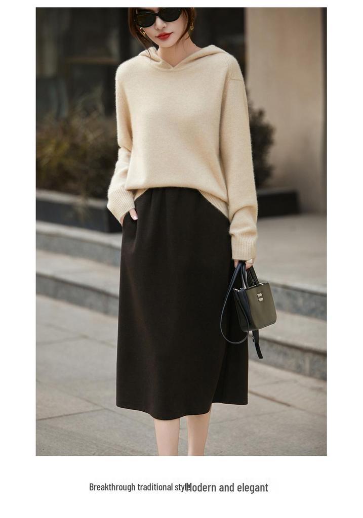 Cozy 100% Ultra-Fine Wool Hooded Drop Shoulder Sweater for Autumn and Winter