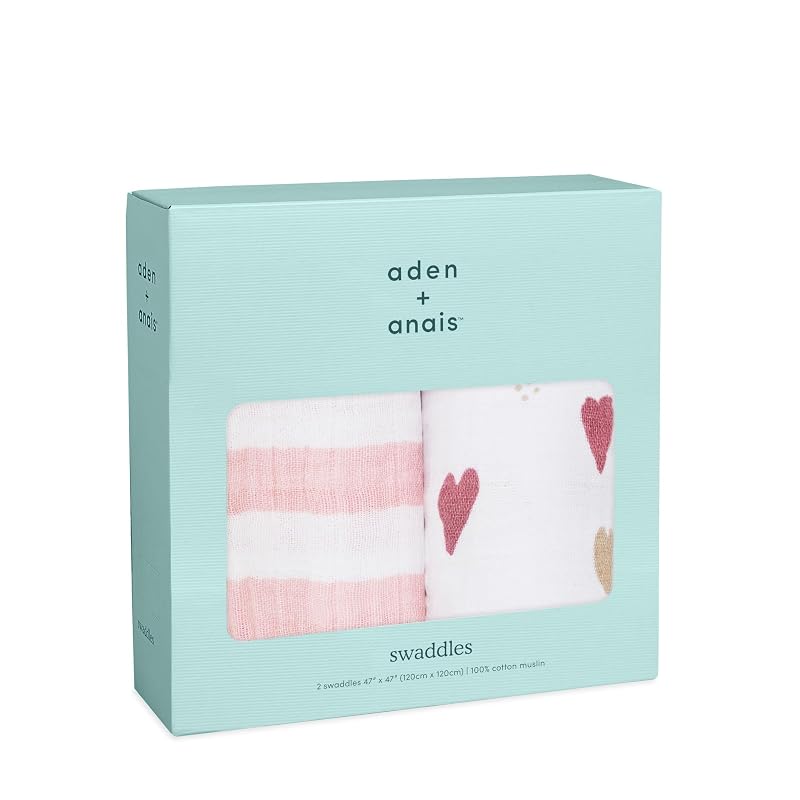 Aden + anais Пеленка-кокон Heartbreaker, 2 шт., 120 x 120 см, Муслиновый хлопок, Подарок на рождение ребенка, SWADAB4055