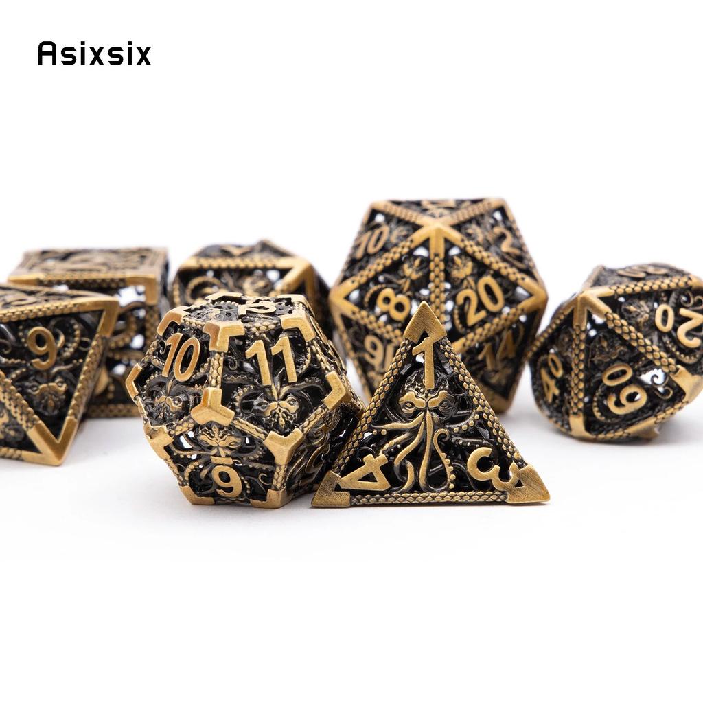 7 Pcs Coppery Squid Metal Dice Hollow Metal Polyhedral Dice Set Suitable for Role-Playing RPG Board Game Card Game