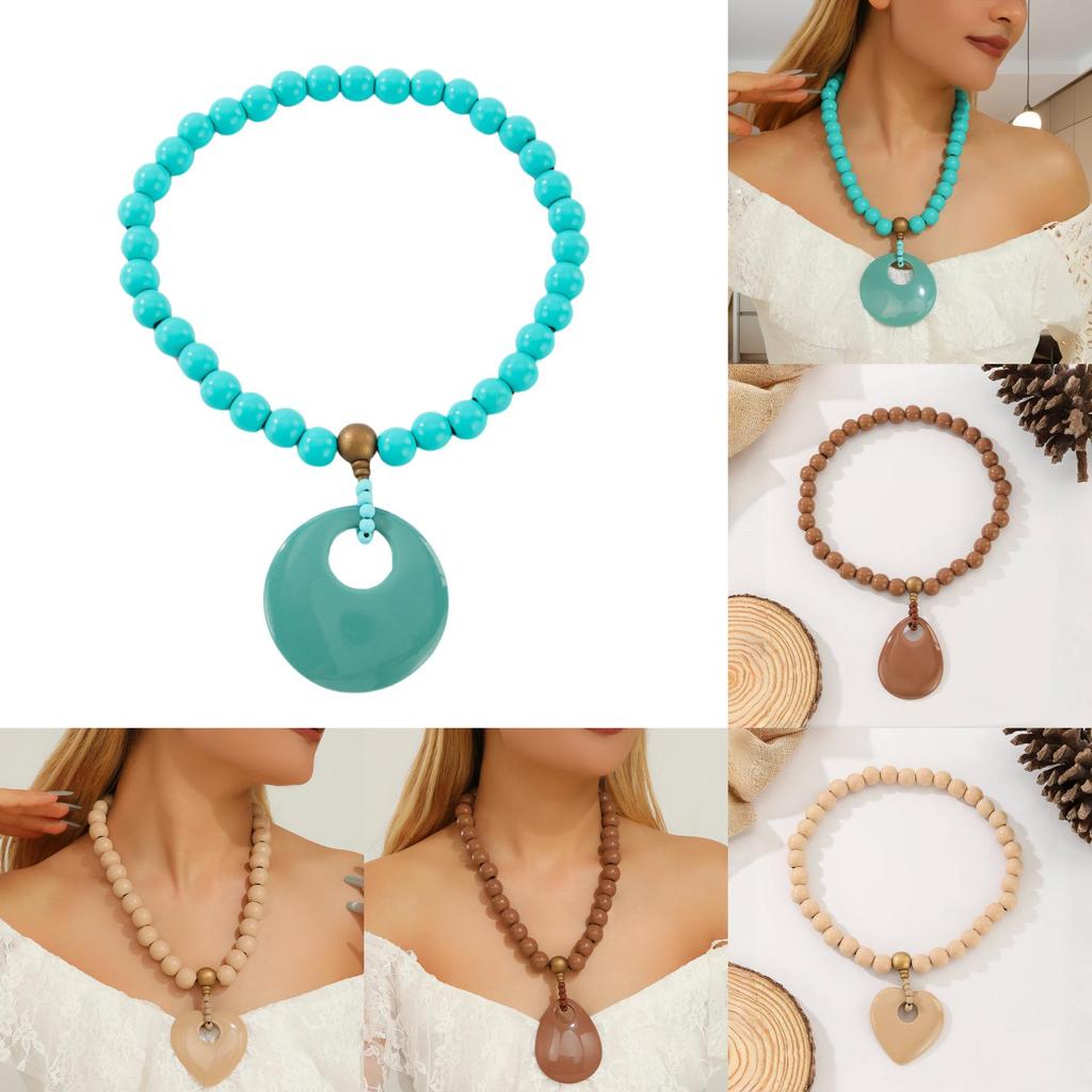 Beaded Wooden Summer Necklace Women Stretch Chain Geometric Pendant Decoration