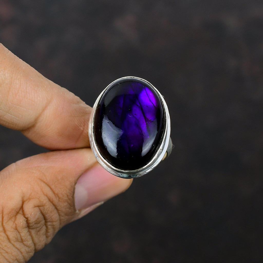 Фиолетовое огненное кольцо с лабрадоритом Кольцо ручной работы Кольцо из стерлингового серебра 925 пробы Регулируемое кольцо Лабрадорит Драгоценный камень Ювелирные изделия Свадебный подарок Стильное кольцо