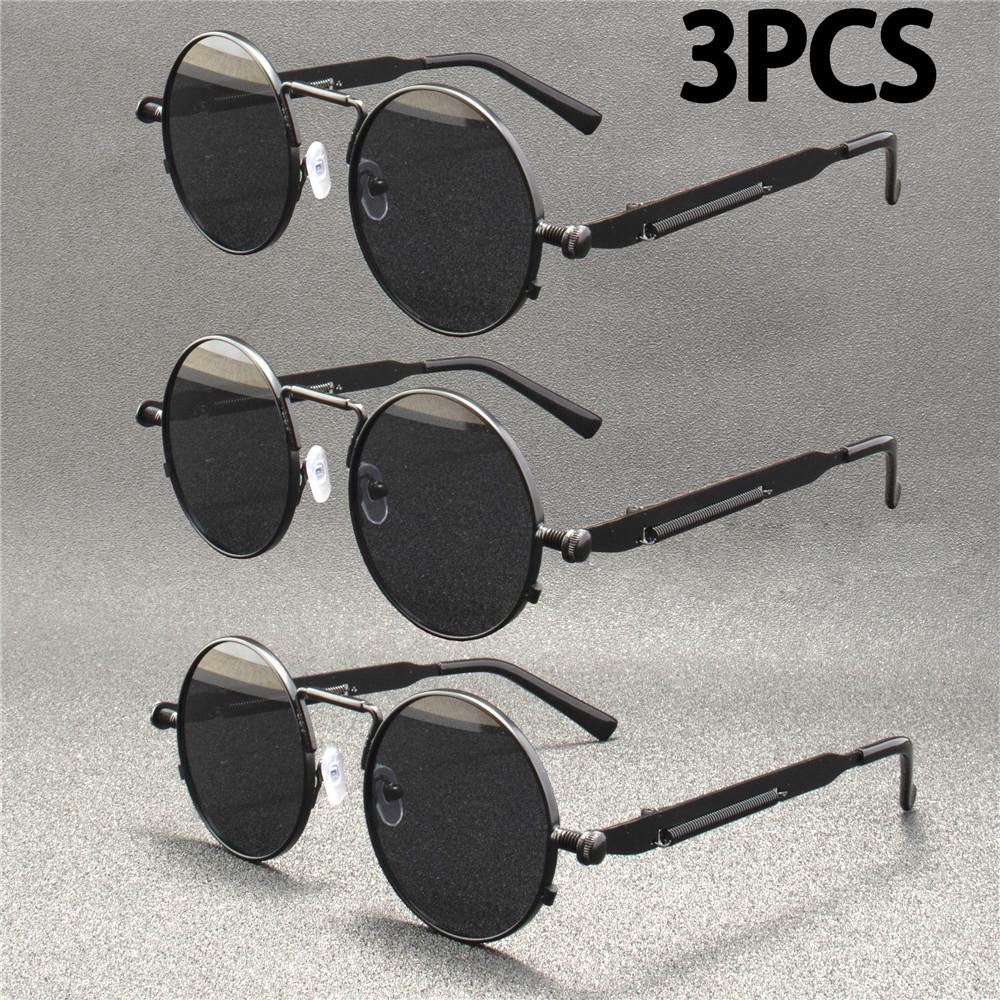 3PCS Vintage Punk Style Sunglasses Men Retro Round Metal Frame Women Sun Glasses Fashion Eyewear Mujer