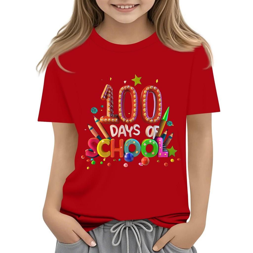 Happy 100th Day Of School Girls Boys Short Sleeve T Shirts Kids Tops Crewneck Tees