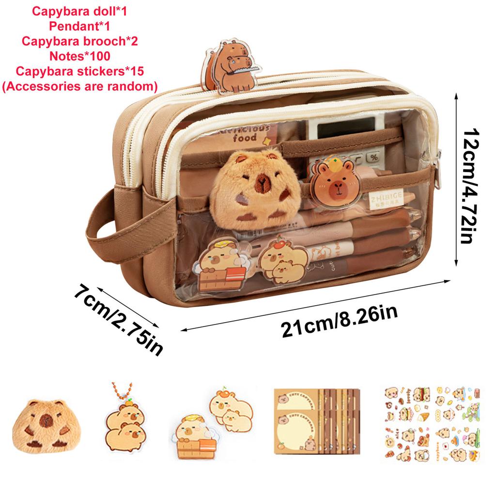Clear Pencil Pouch With Cute Capybara Plush And Stickers Doll Pencil Pouch Cute Office Stationary Makeup Bag Cute Stationery Bag
