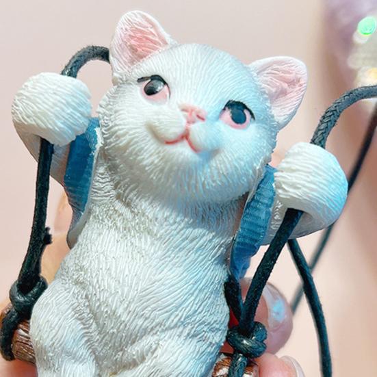 Resin Cat Pendant Swinging Kitten Hanging Figurine Car Rearview Mirror Decoration with Adjustable Lanyard Gift for Cat Lovers