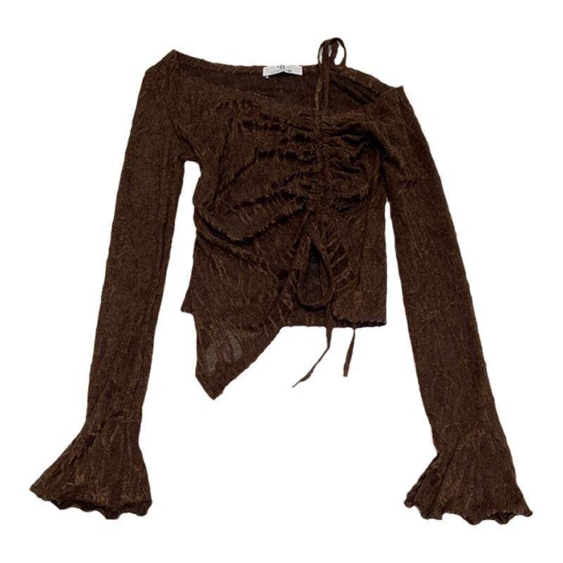 2024 Осень Корейский Шик Топ Кроп с Открытыми Плечами и Рукавами-Колоколами для Женщин