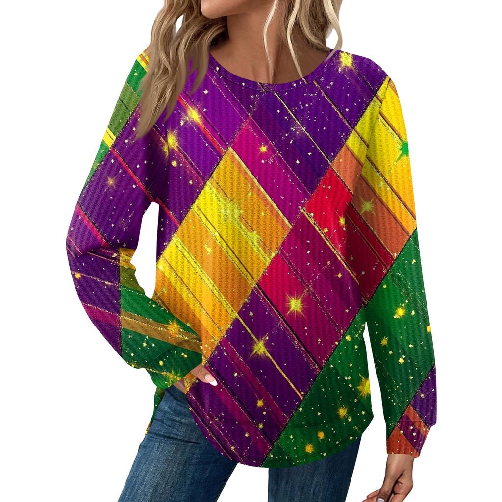 Women's Fashion  Loose Long Sleeve Carnival Print  Round Neck Casual Top
