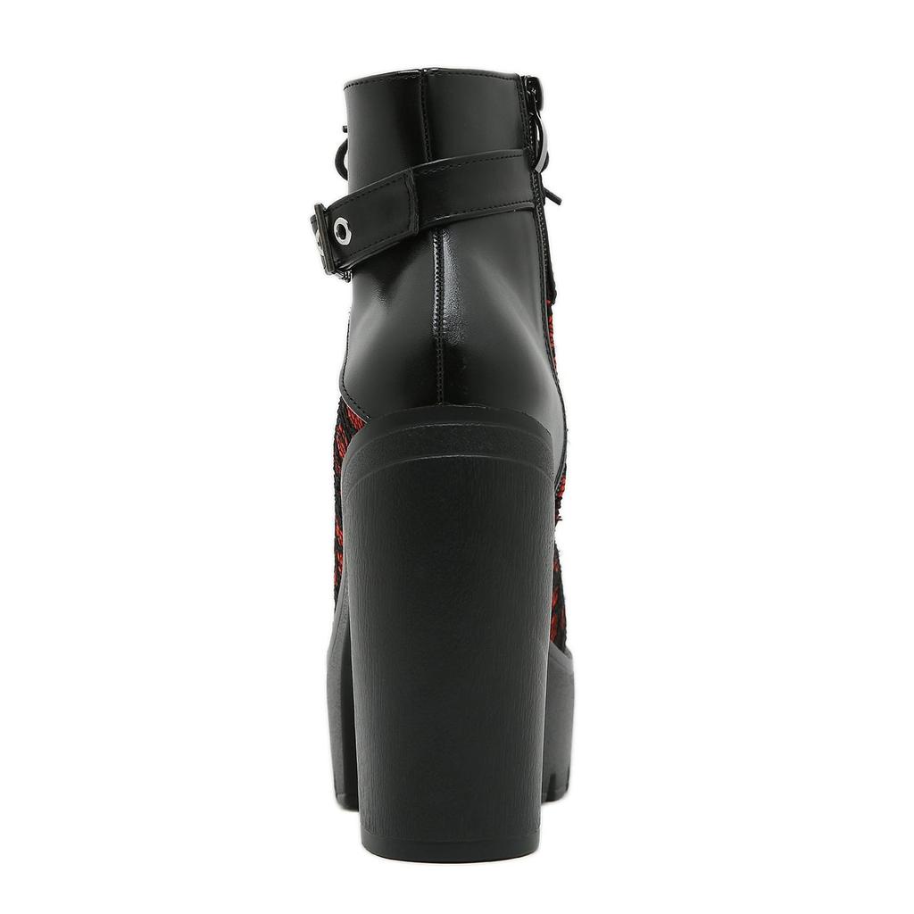 Gdgydh Gothic Vintage Lace Red High Heel Ankle Boots with Platform Sole Ankle Strap Women Boots for Dressy Occasions