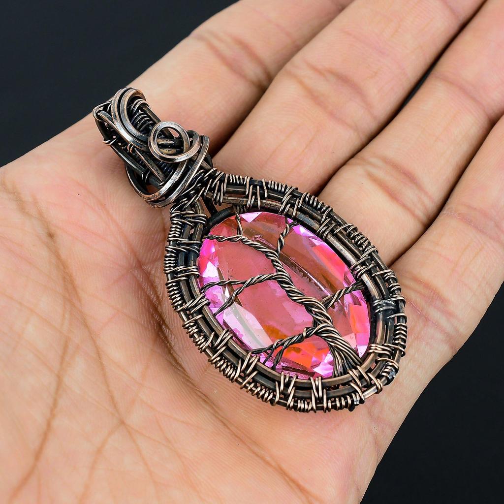 Древо жизни Кунцит Драгоценный камень ручной работы из чистой медной проволоки Ювелирный кулон на День памяти